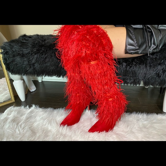 LILIANA CAMPBELL RED FEATHER HEEL BOOTS - Picture 12 of 16